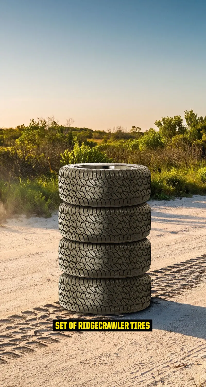 Stack of four Blackhawk Ridgecrawler all-terrain tires displayed on a sandy trail with the label "Set of Ridgecrawler Tires."