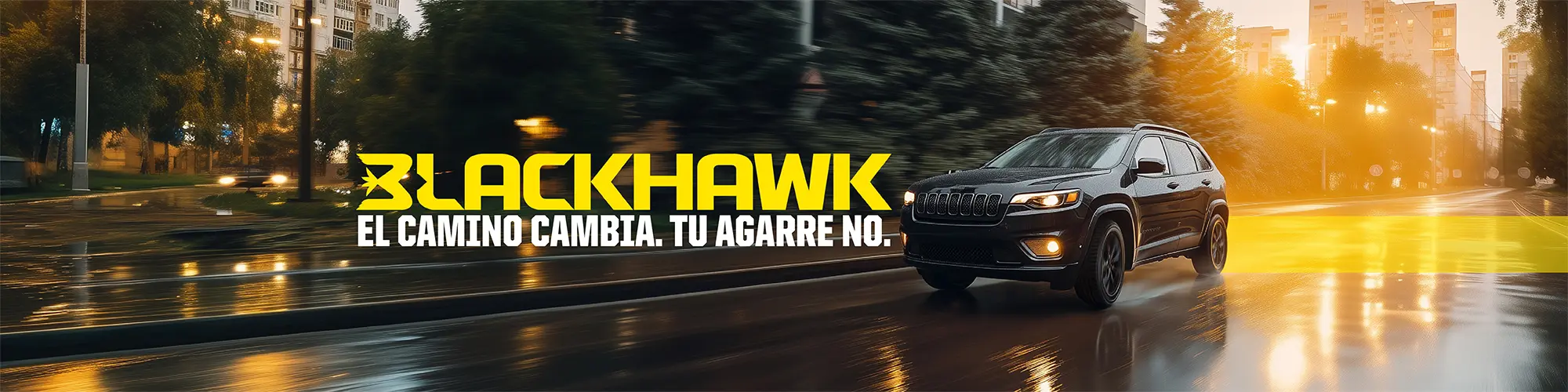 Banner de cambio de llantas de primavera Blackhawk con un SUV conduciendo sobre carretera mojada, destacando agarre, control y confianza en condiciones cambiantes